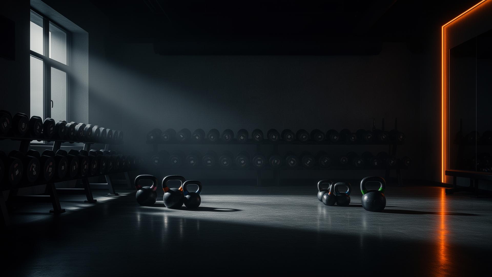 Dimly lit private training studio with dumbbells and kettlebells